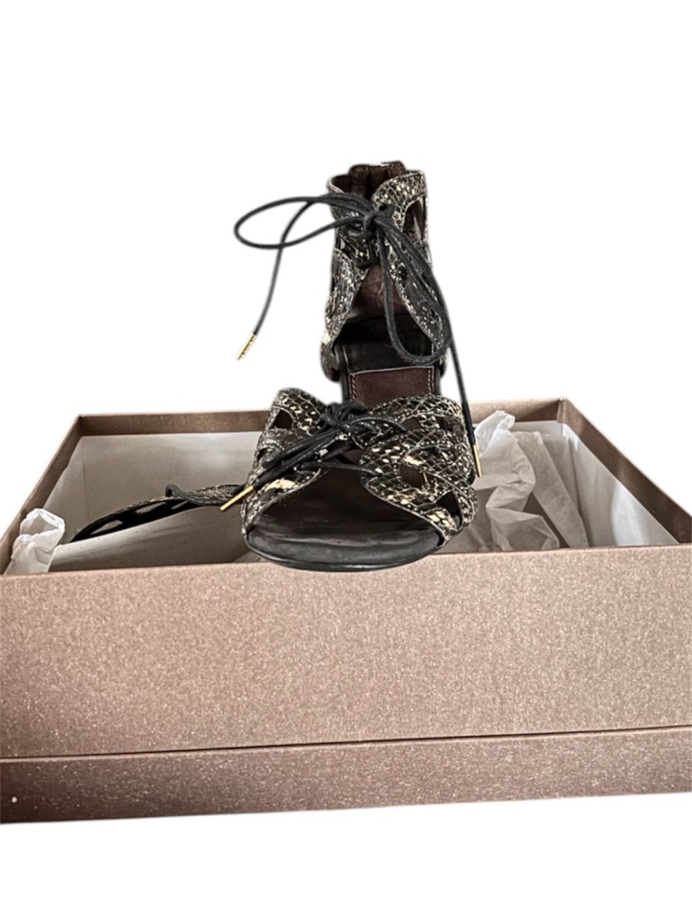Bacio 61 Faux Snakeskin Leather String-tie Heeled Sandals | Women's Size 6.5M